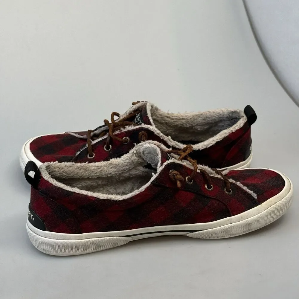 Sperry Top Sider Size 8.5 Buffalo Red Plaid Faux Wool Sneakers Womens Shoes